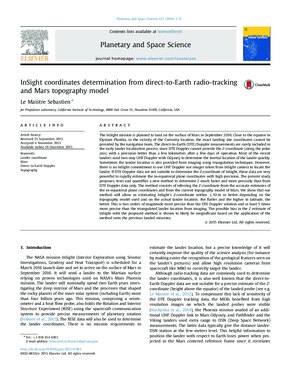 InSight coordinates determination from direct-to-Earth radio-tracking and Mars topography model