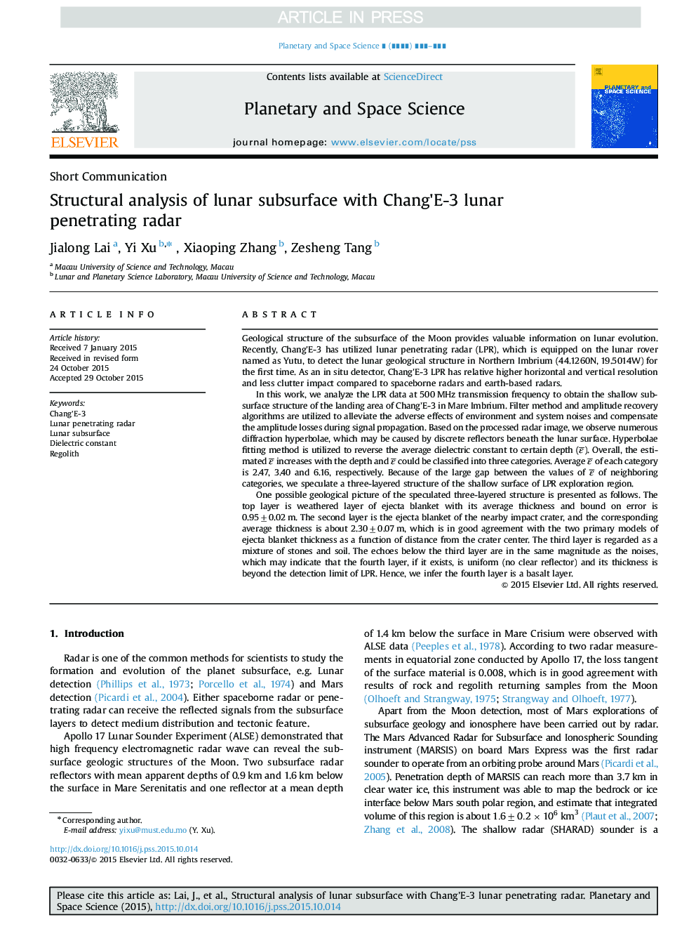 Structural analysis of lunar subsurface with Chang×³E-3 lunar penetrating radar