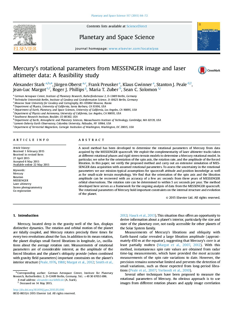 Mercury's rotational parameters from MESSENGER image and laser altimeter data: A feasibility study