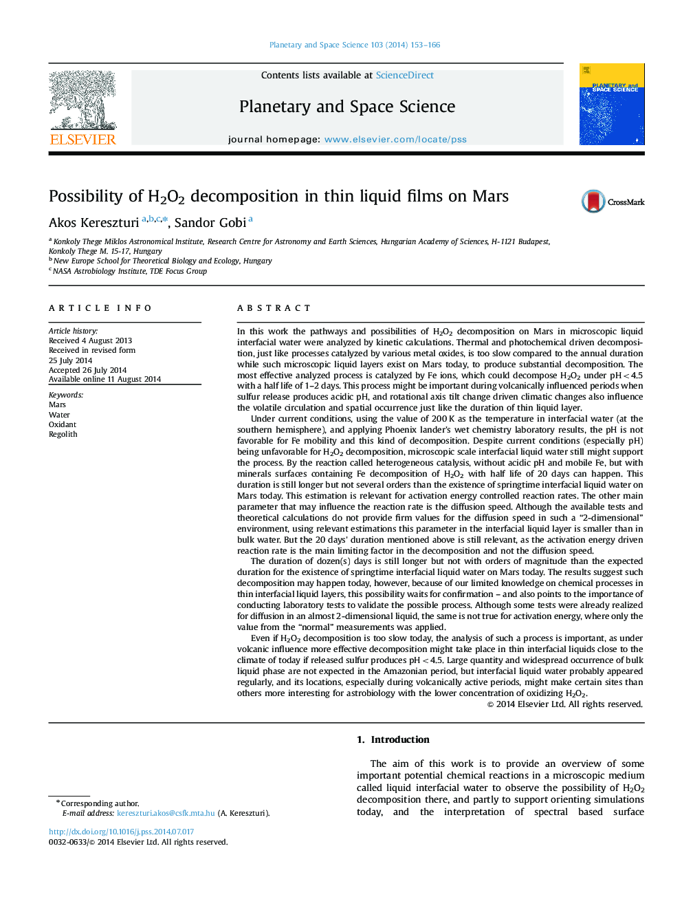 Possibility of H2O2 decomposition in thin liquid films on Mars