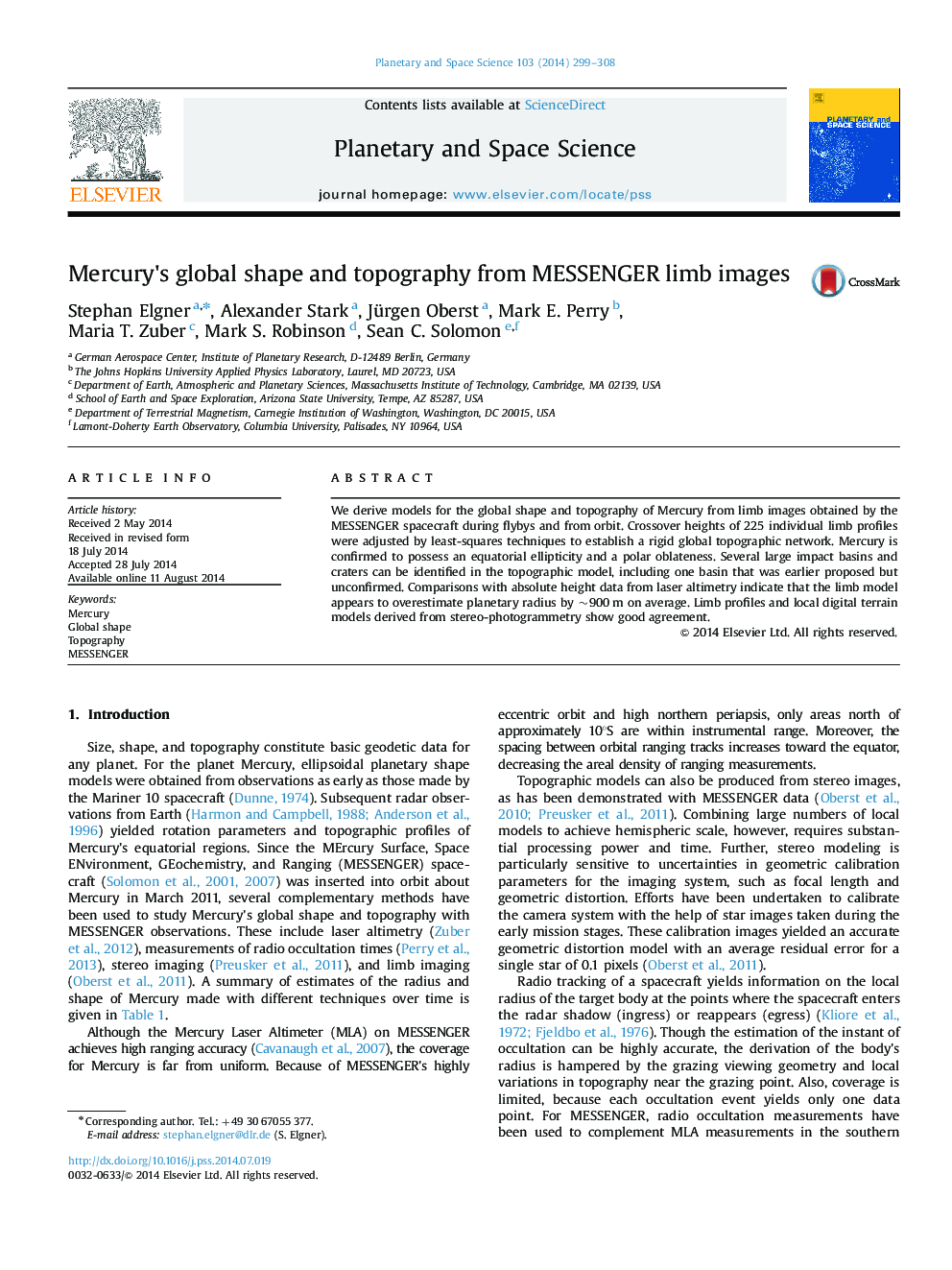 Mercury×³s global shape and topography from MESSENGER limb images