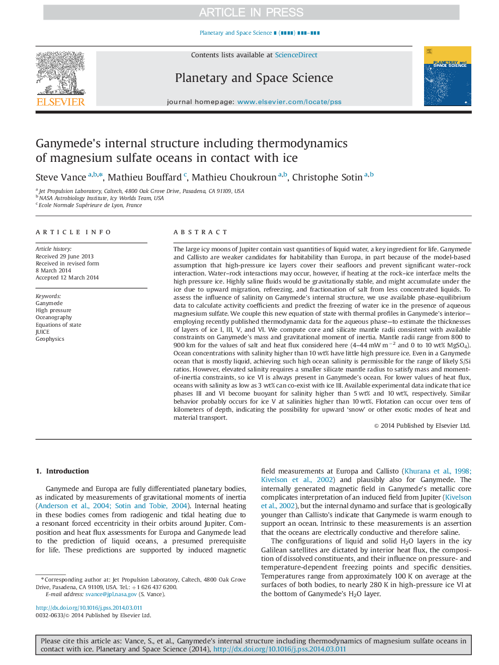 Ganymede×³s internal structure including thermodynamics of magnesium sulfate oceans in contact with ice