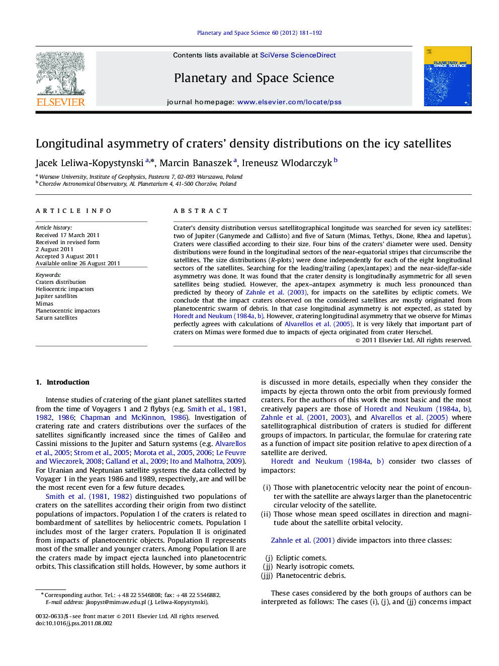 Longitudinal asymmetry of craters' density distributions on the icy satellites