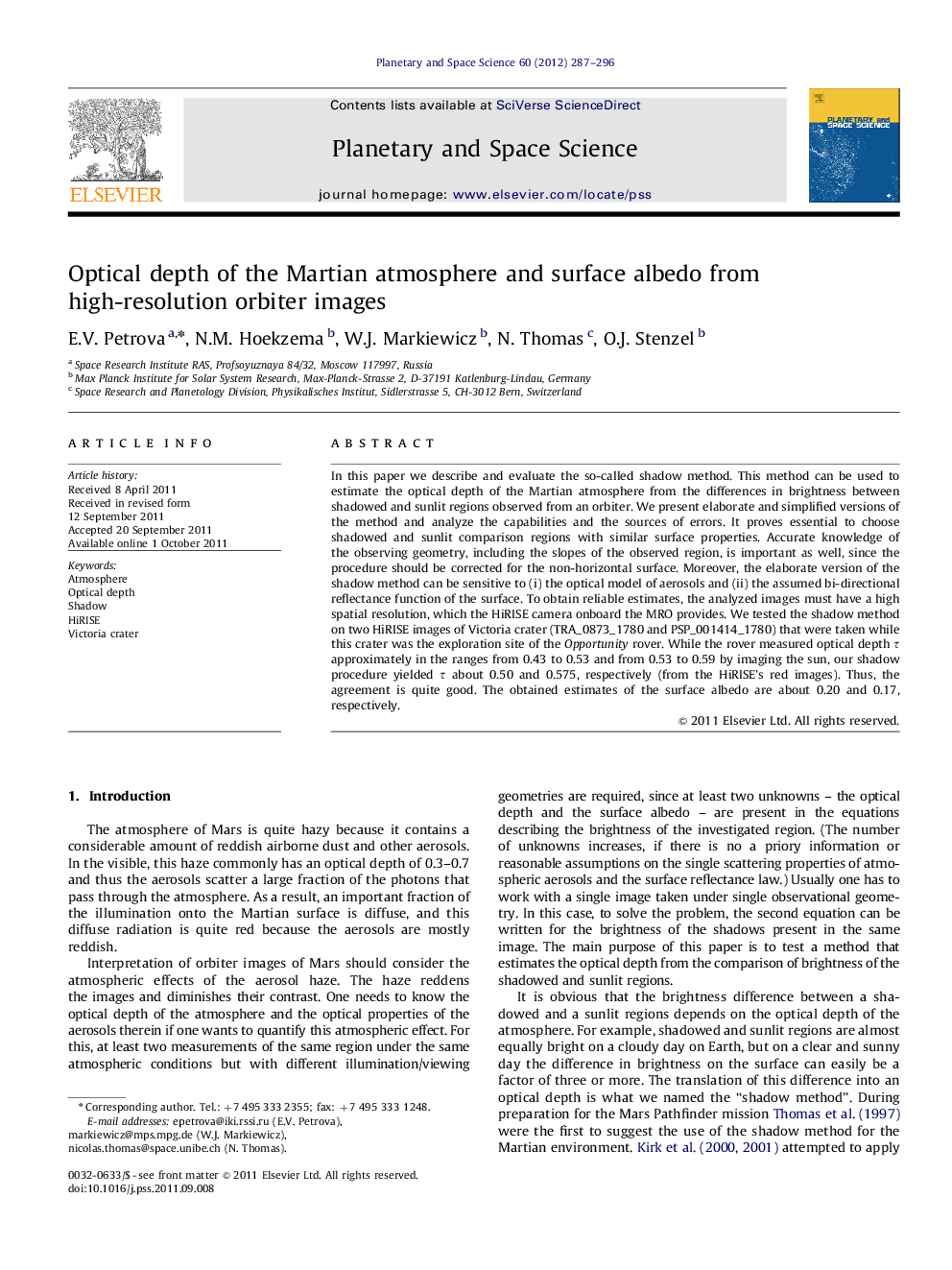 Optical depth of the Martian atmosphere and surface albedo from high-resolution orbiter images