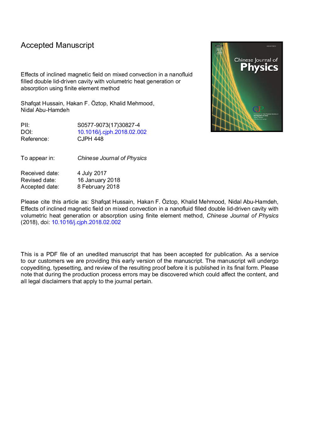 اثر میدان مغناطیسی شیبدار بر روی مخلوط در حفره دو درب با پوشش نانوسیم پر شده با تولید یا جذب حرارت حجمی با استفاده از روش المان محدود 