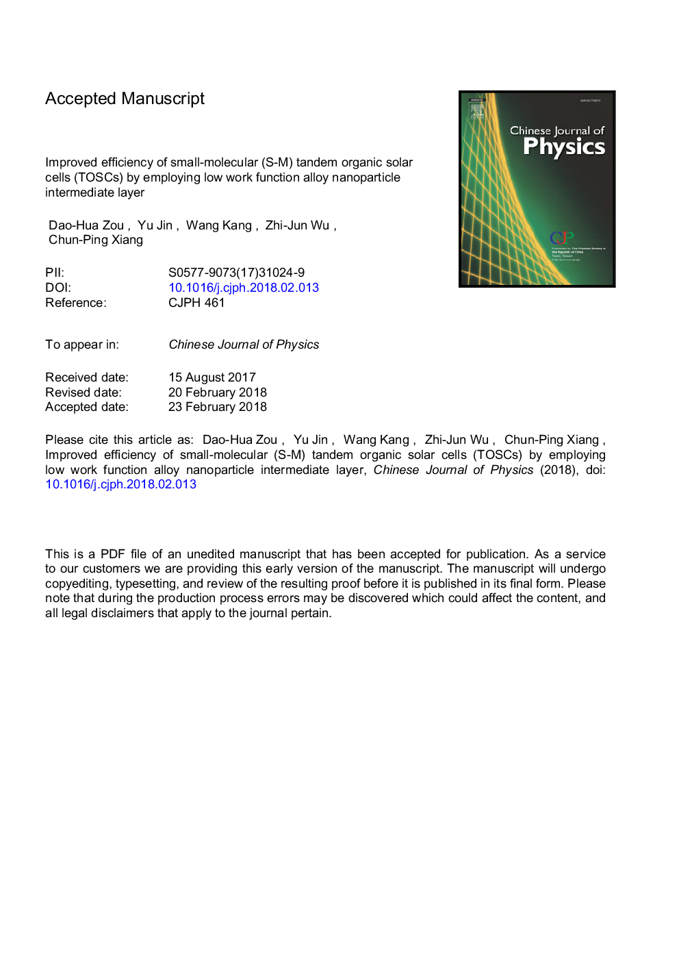 Improved efficiency of small-molecular (S-M) tandem organic solar cells (TOSCs) by employing low work function alloy nanoparticle intermediate layer