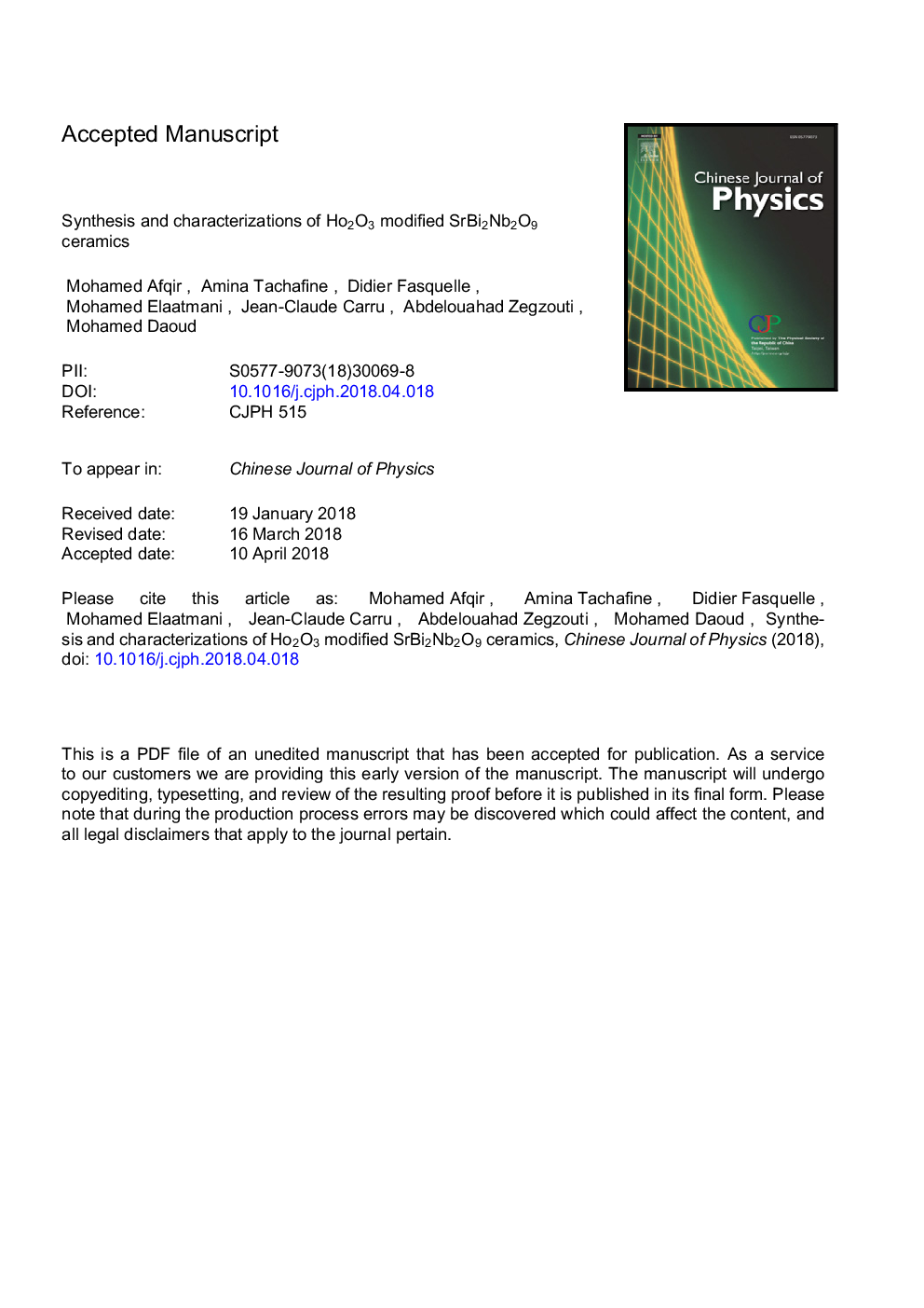 عکس صفحه اول مقاله: Synthesis and characterizations of Ho2O3 modified SrBi2Nb2O9 ceramics Synthesis and characterizations of Ho2O3 modified SrBi2Nb2O9 ceramics