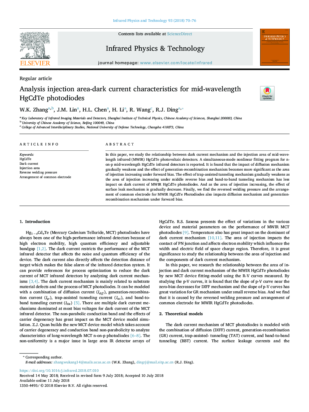 Analysis injection area-dark current characteristics for mid-wavelength HgCdTe photodiodes