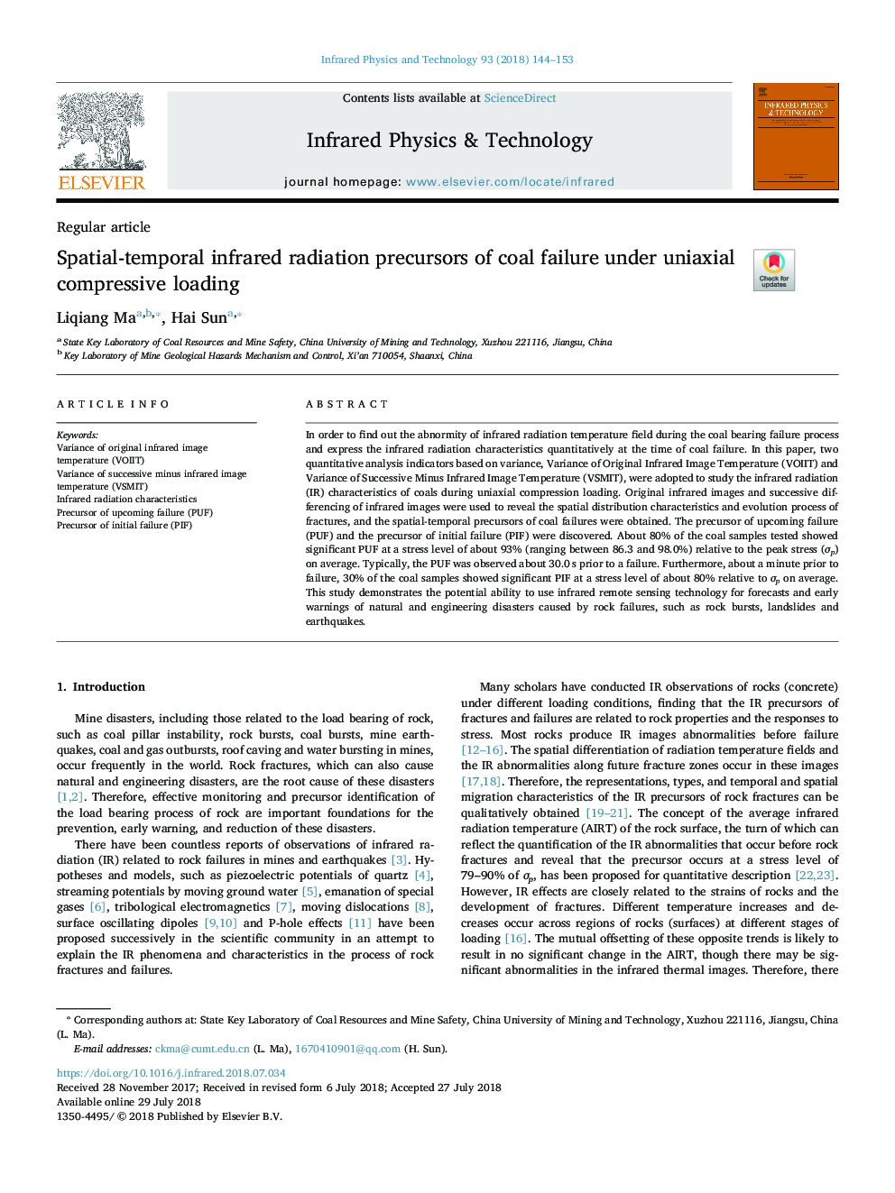 Spatial-temporal infrared radiation precursors of coal failure under uniaxial compressive loading