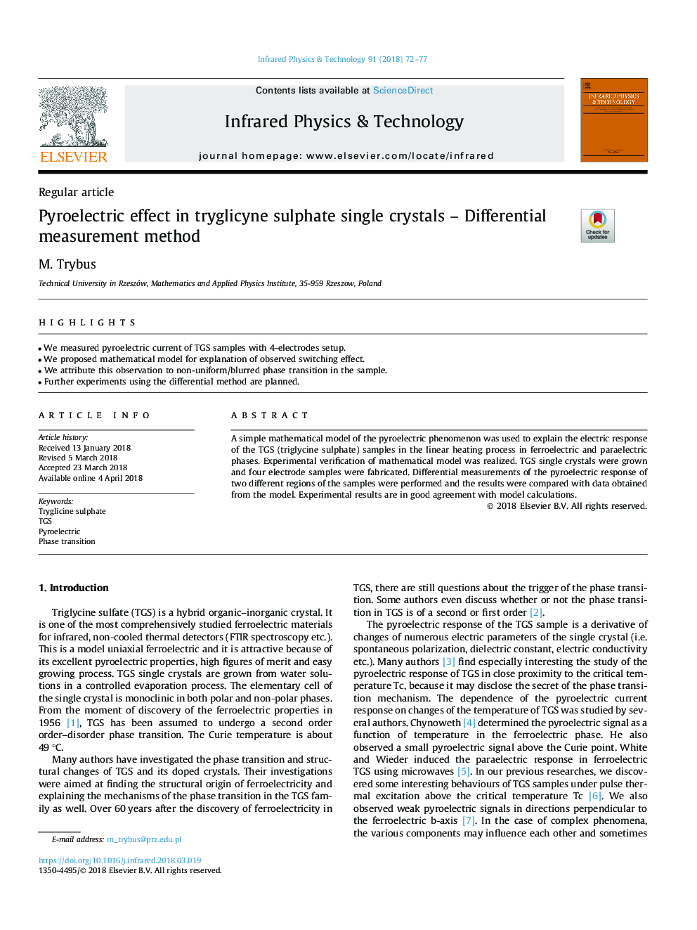 Pyroelectric effect in tryglicyne sulphate single crystals - Differential measurement method