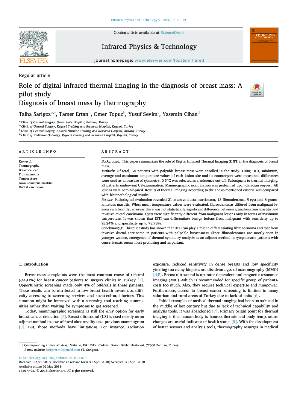 Role of digital infrared thermal imaging in the diagnosis of breast mass: A pilot study