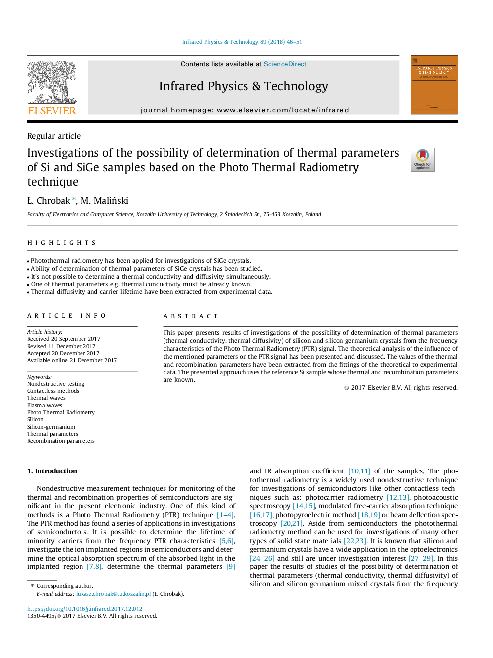 Investigations of the possibility of determination of thermal parameters of Si and SiGe samples based on the Photo Thermal Radiometry technique