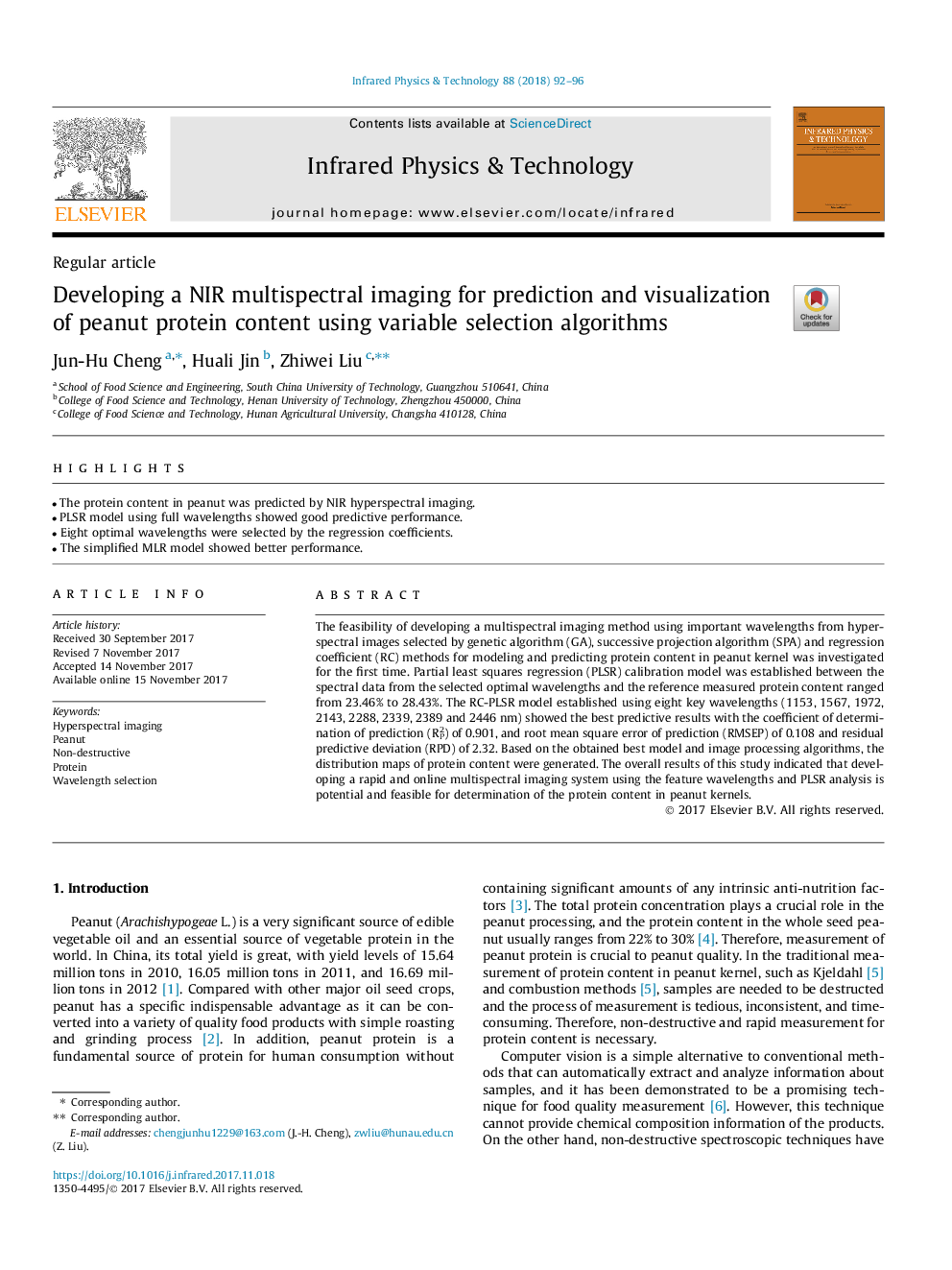 Developing a NIR multispectral imaging for prediction and visualization of peanut protein content using variable selection algorithms