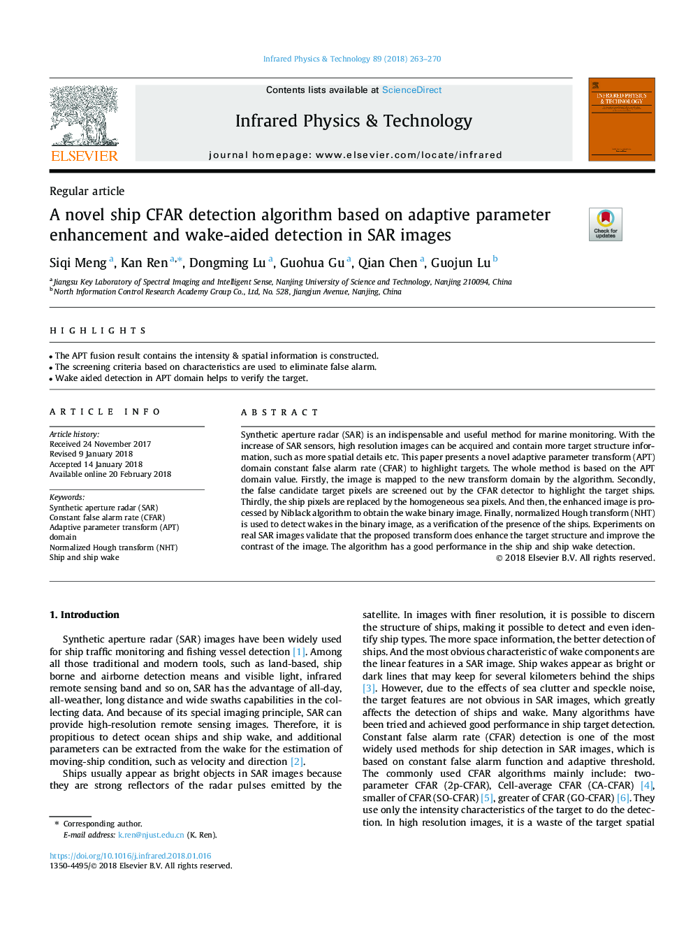 A novel ship CFAR detection algorithm based on adaptive parameter enhancement and wake-aided detection in SAR images