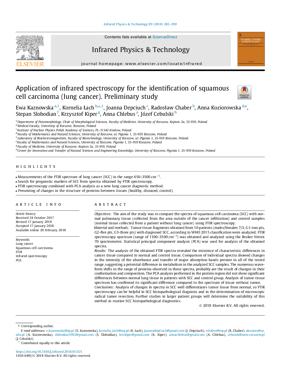 Application of infrared spectroscopy for the identification of squamous cell carcinoma (lung cancer). Preliminary study