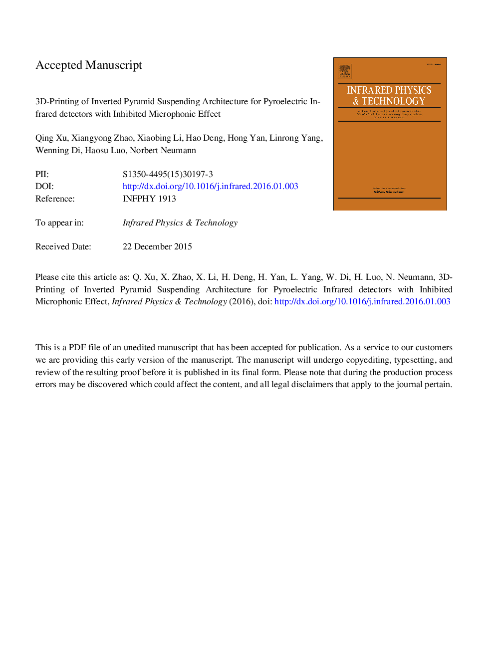 3D-Printing of inverted pyramid suspending architecture for pyroelectric infrared detectors with inhibited microphonic effect