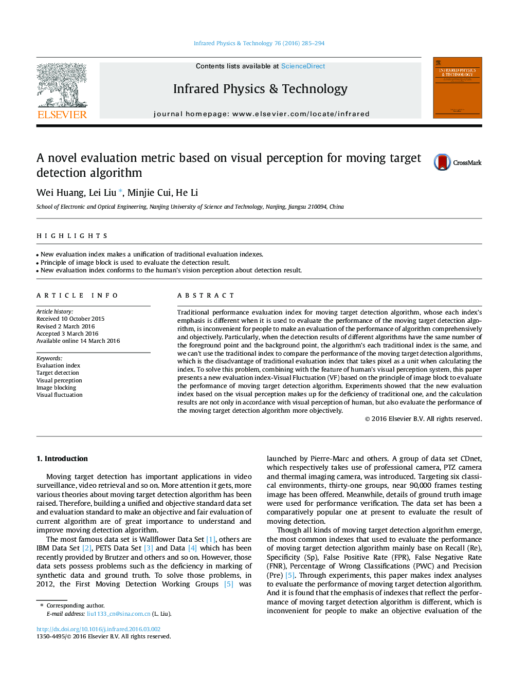 A novel evaluation metric based on visual perception for moving target detection algorithm
