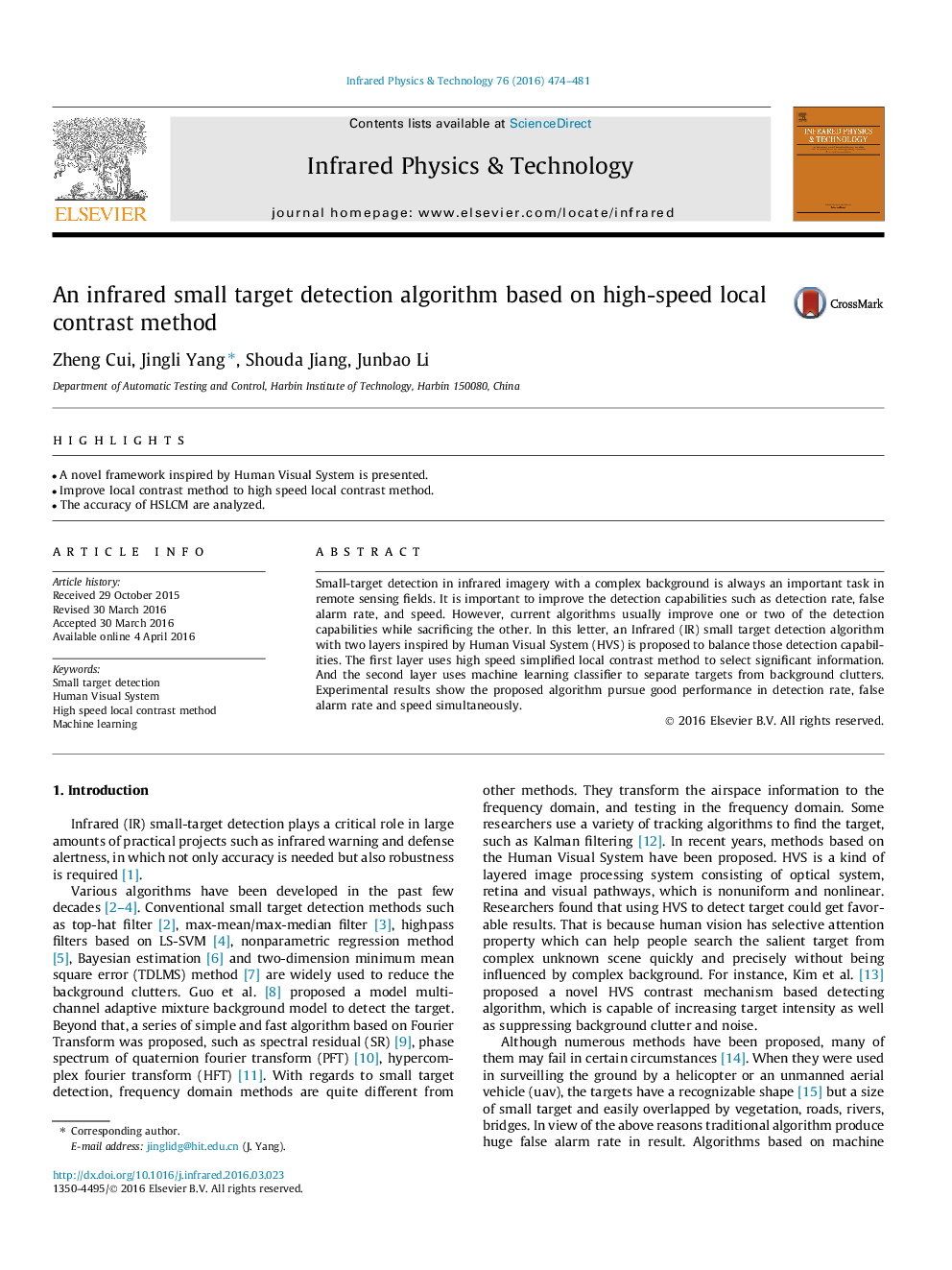 An infrared small target detection algorithm based on high-speed local contrast method