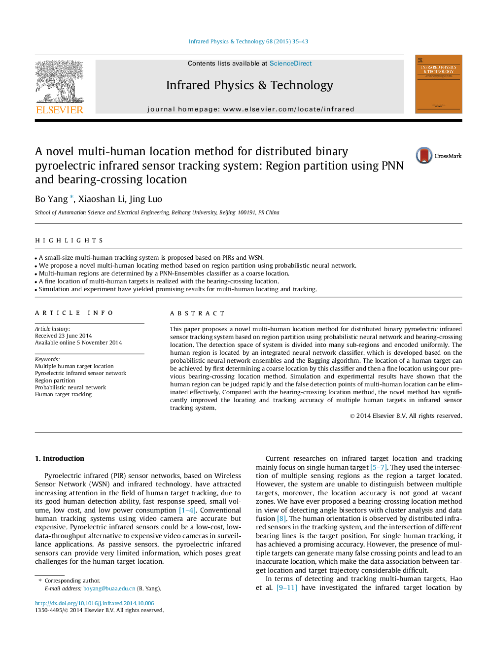 A novel multi-human location method for distributed binary pyroelectric infrared sensor tracking system: Region partition using PNN and bearing-crossing location