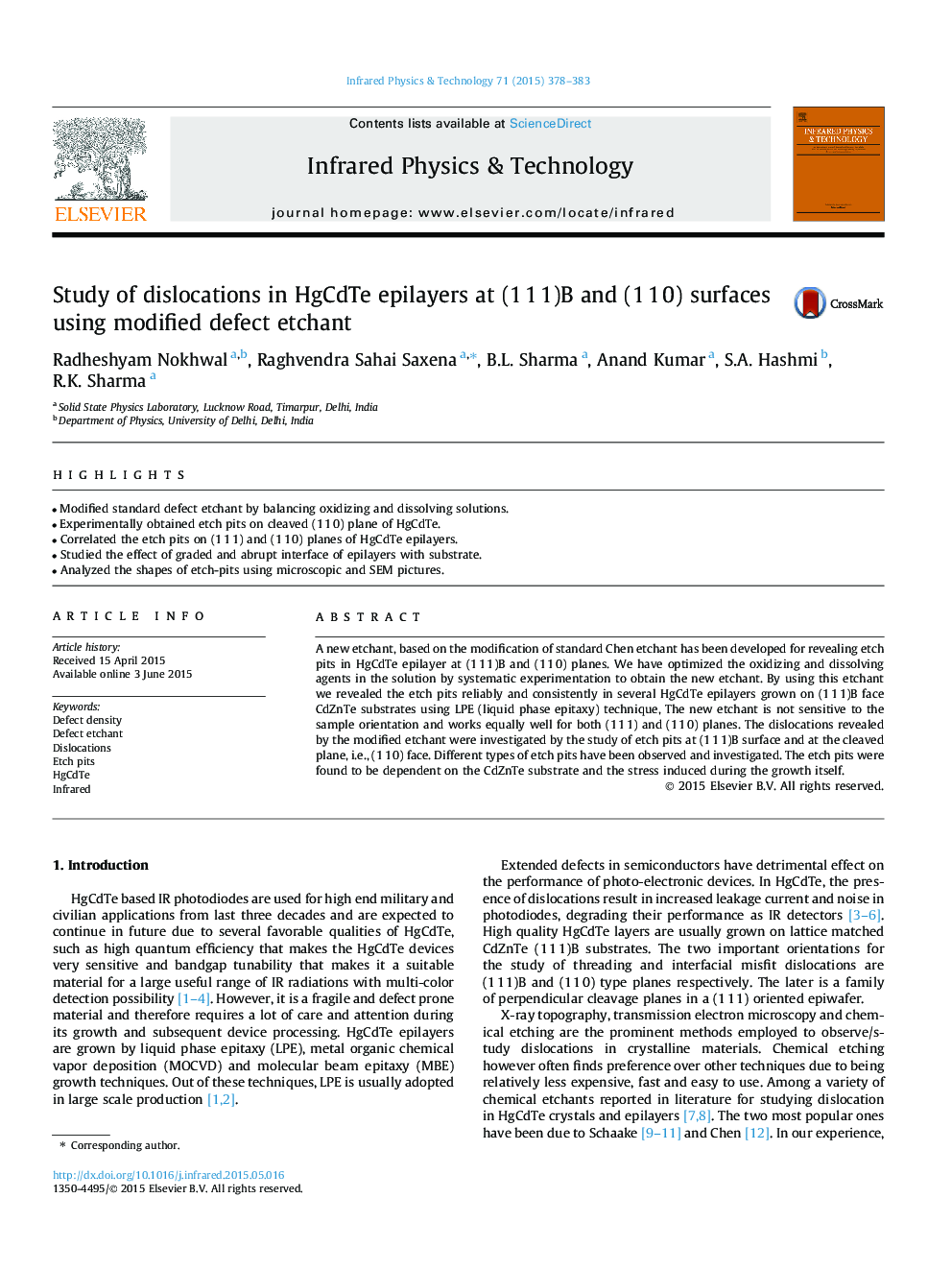 Study of dislocations in HgCdTe epilayers at (1Â 1Â 1)B and (1Â 1Â 0) surfaces using modified defect etchant