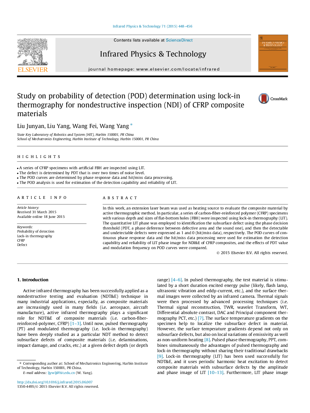 Study on probability of detection (POD) determination using lock-in thermography for nondestructive inspection (NDI) of CFRP composite materials