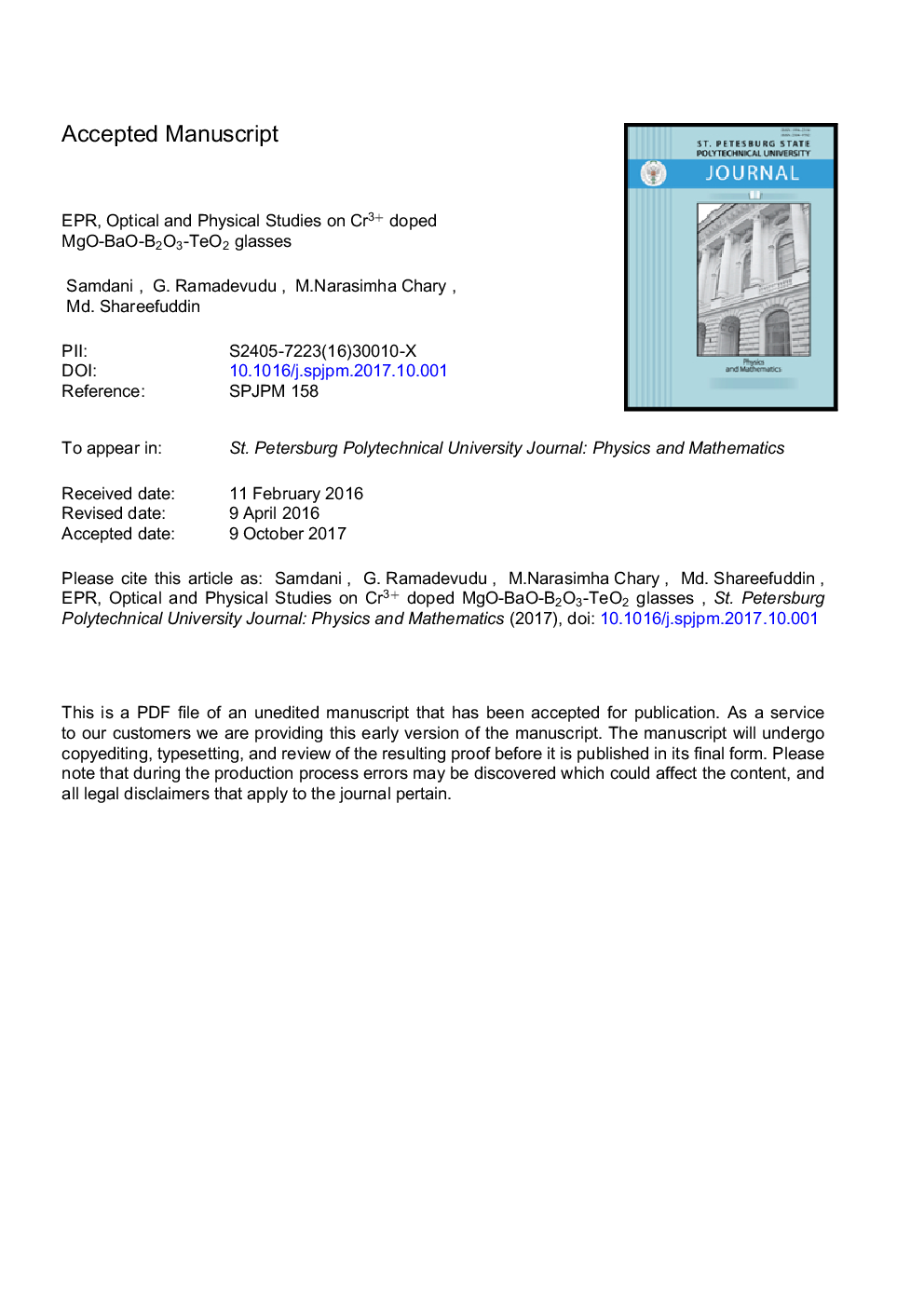 EPR, optical and physical studies on Cr3+ doped MgO-BaO-B2O3-TeO2 glasses