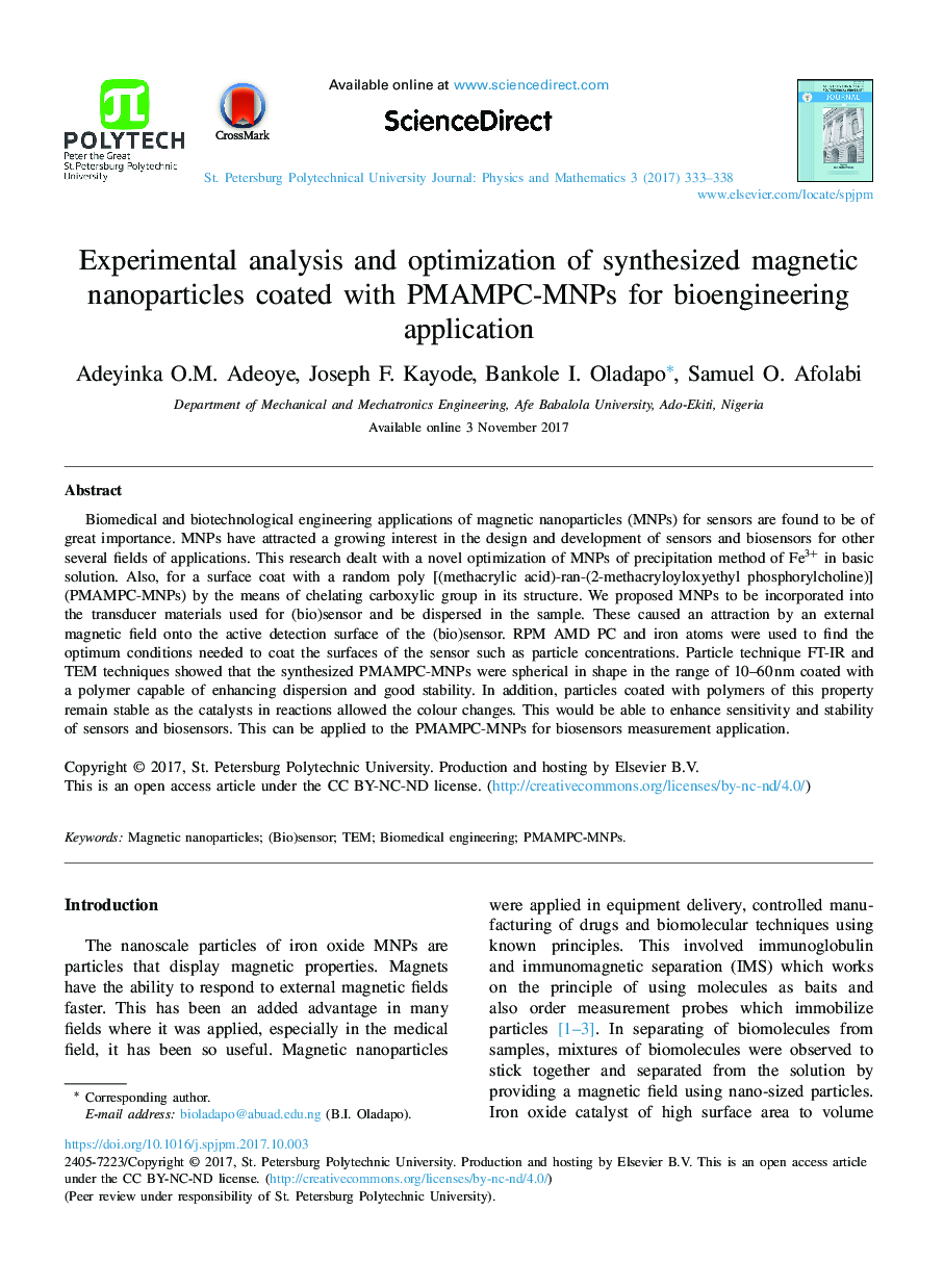 Experimental analysis and optimization of synthesized magnetic nanoparticles coated with PMAMPC-MNPs for bioengineering application