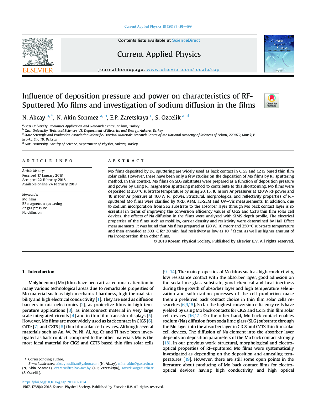 Influence of deposition pressure and power on characteristics of RF-Sputtered Mo films and investigation of sodium diffusion in the films