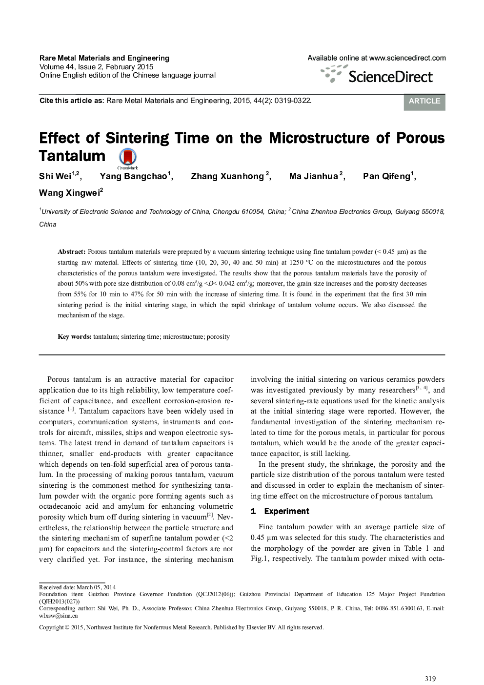 Effect of Sintering Time on the Microstructure of Porous Tantalum 