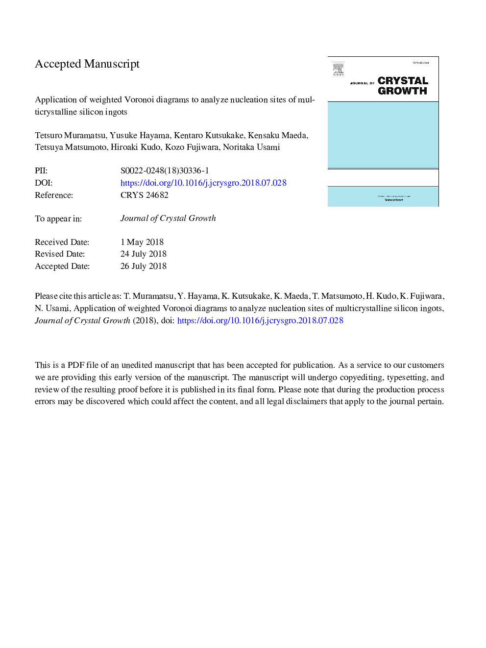 Application of weighted Voronoi diagrams to analyze nucleation sites of multicrystalline silicon ingots