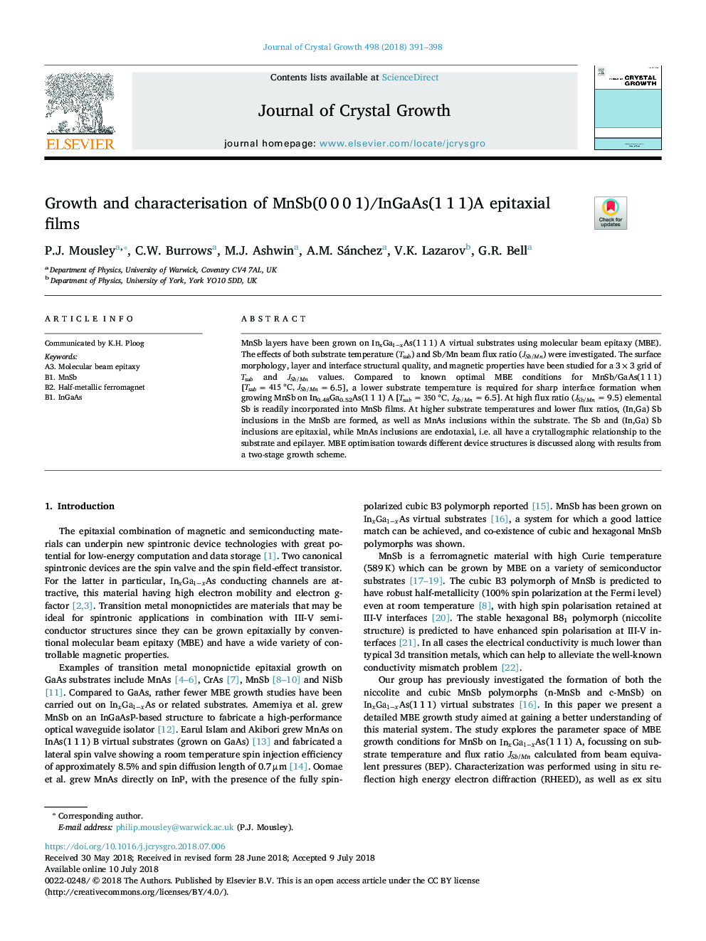 Growth and characterisation of MnSb(0â¯0â¯0â¯1)/InGaAs(1â¯1â¯1)A epitaxial films