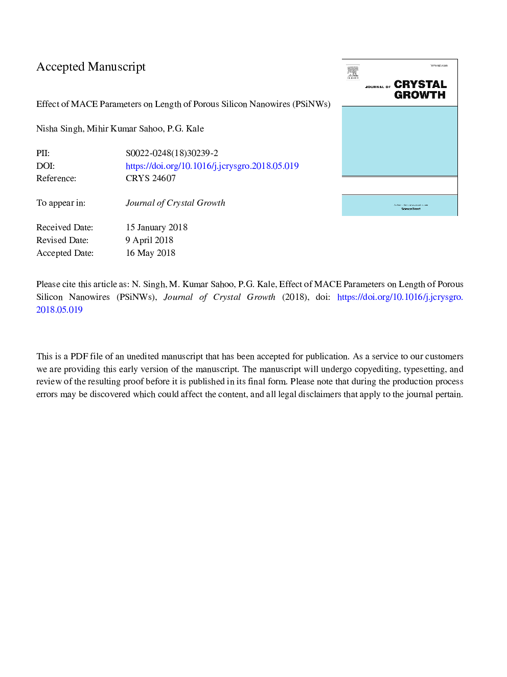 Effect of MACE parameters on length of porous silicon nanowires (PSiNWs)