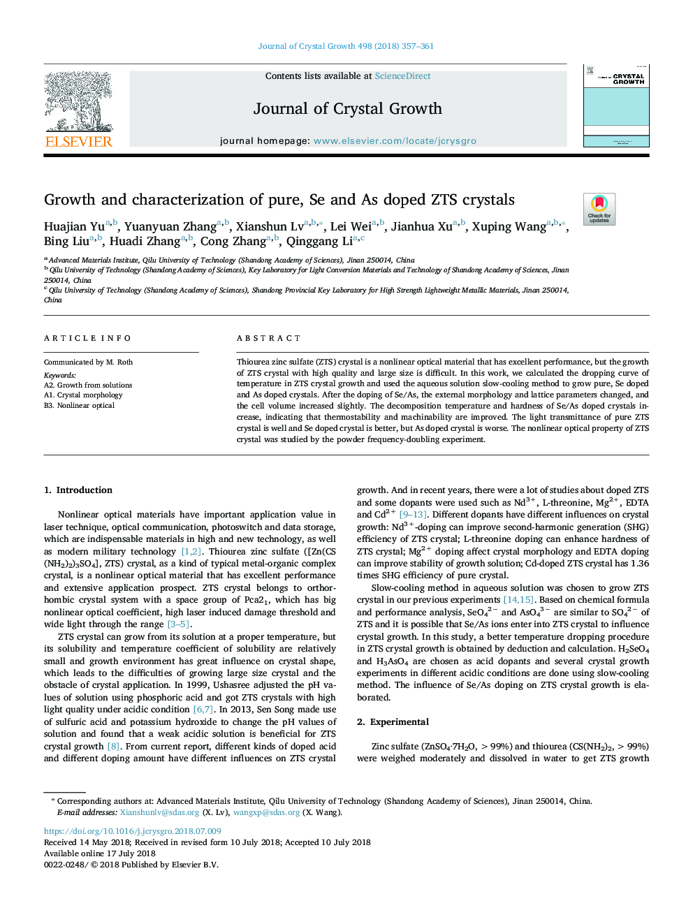 Growth and characterization of pure, Se and As doped ZTS crystals