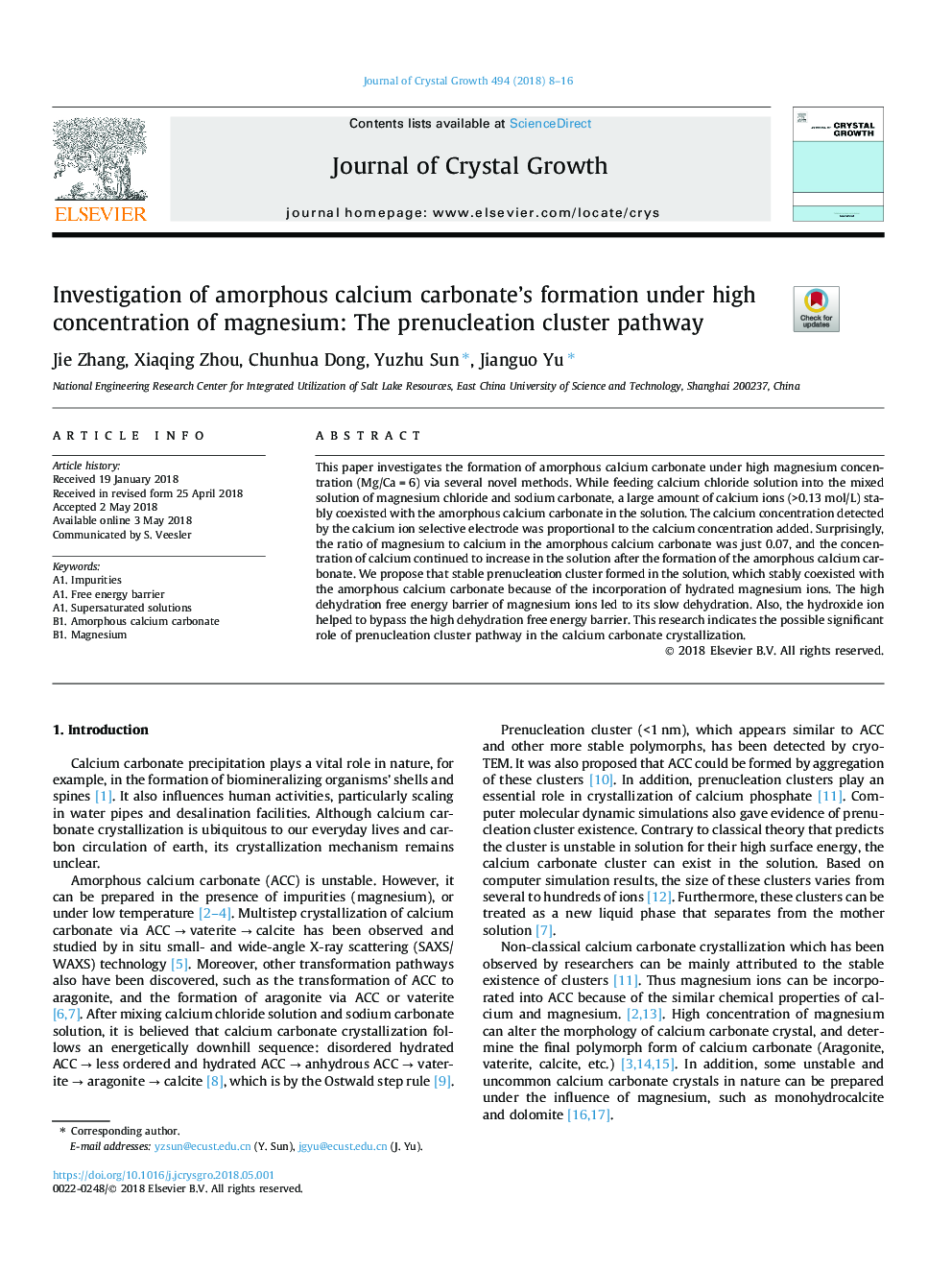 Investigation of amorphous calcium carbonate's formation under high concentration of magnesium: The prenucleation cluster pathway