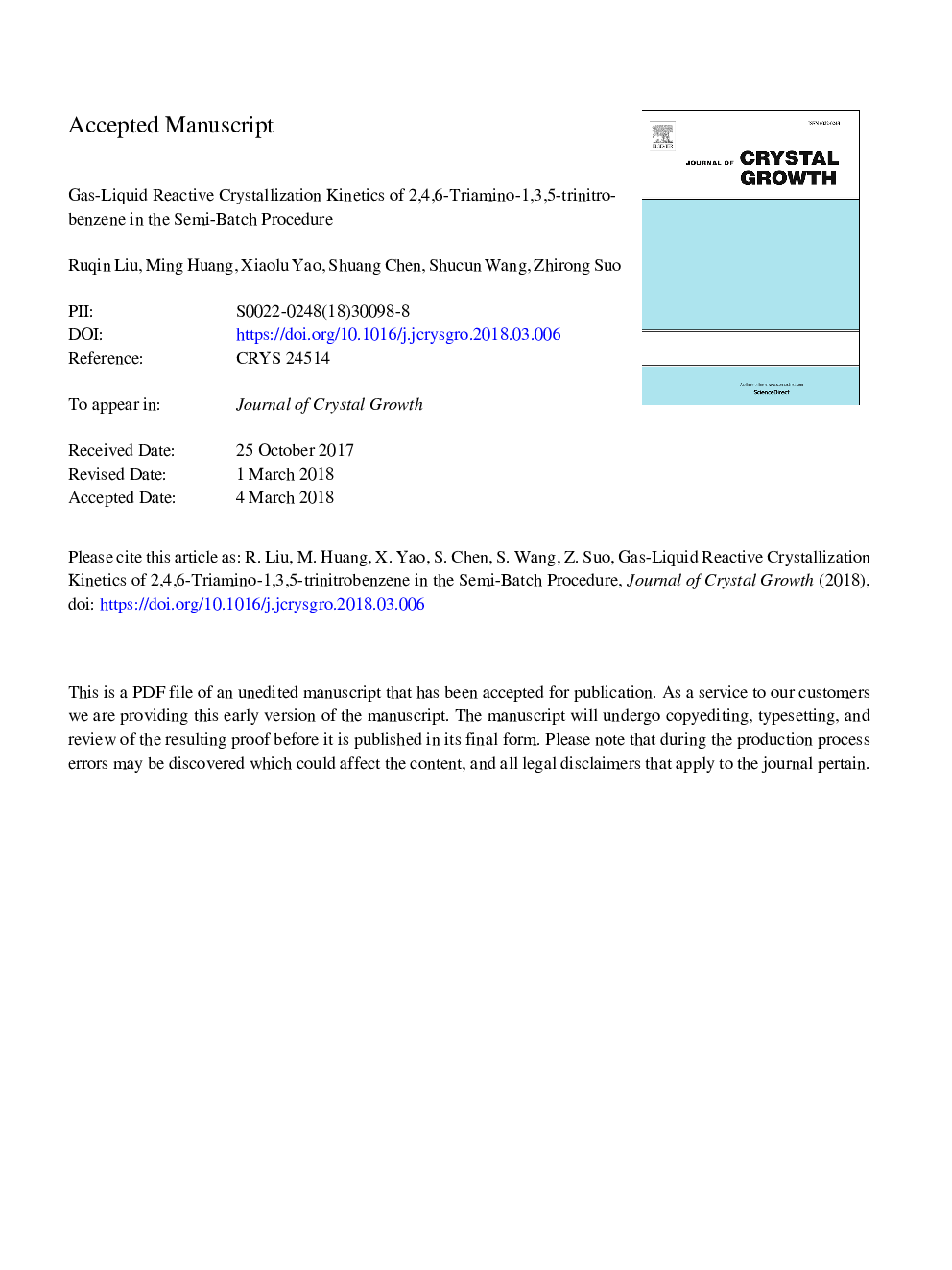 Gas-liquid reactive crystallization kinetics of 2,4,6-triamino-1,3,5-trinitrobenzene in the semi-batch procedure