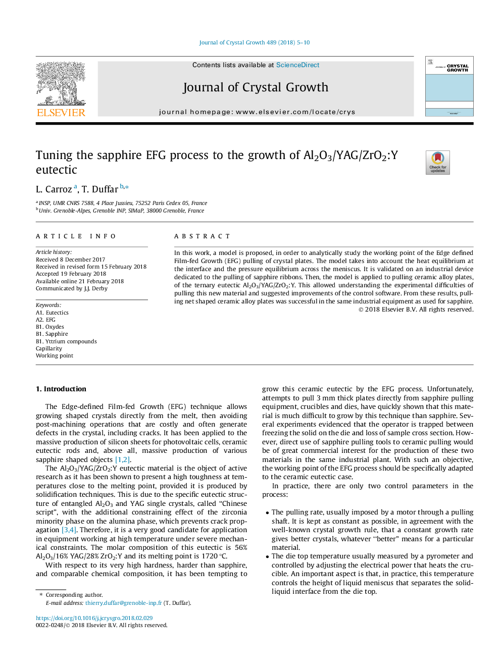 Tuning the sapphire EFG process to the growth of Al2O3/YAG/ZrO2:Y eutectic