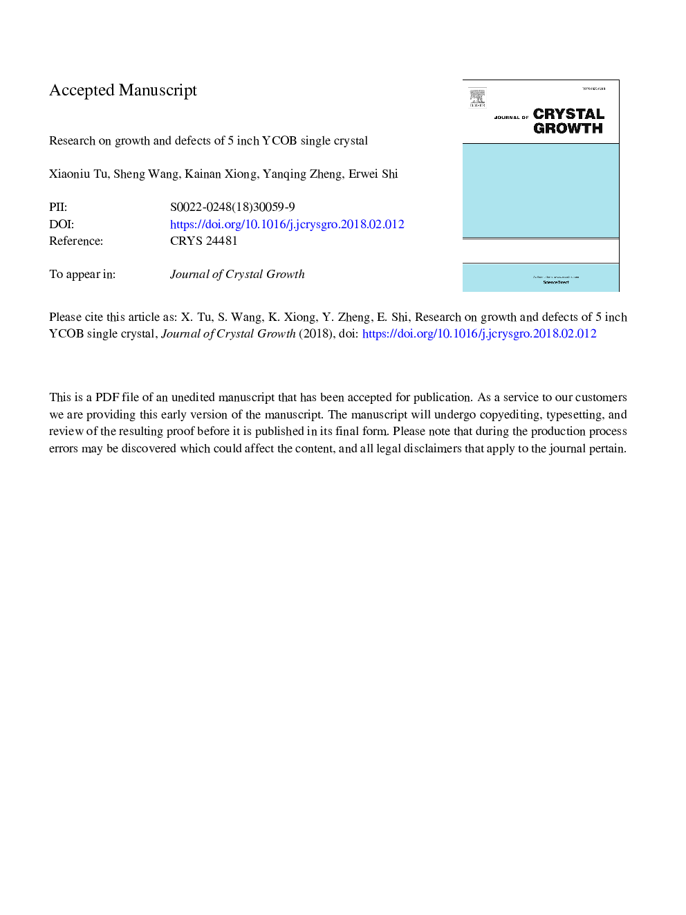 Research on growth and defects of 5â¯in. YCOB single crystal