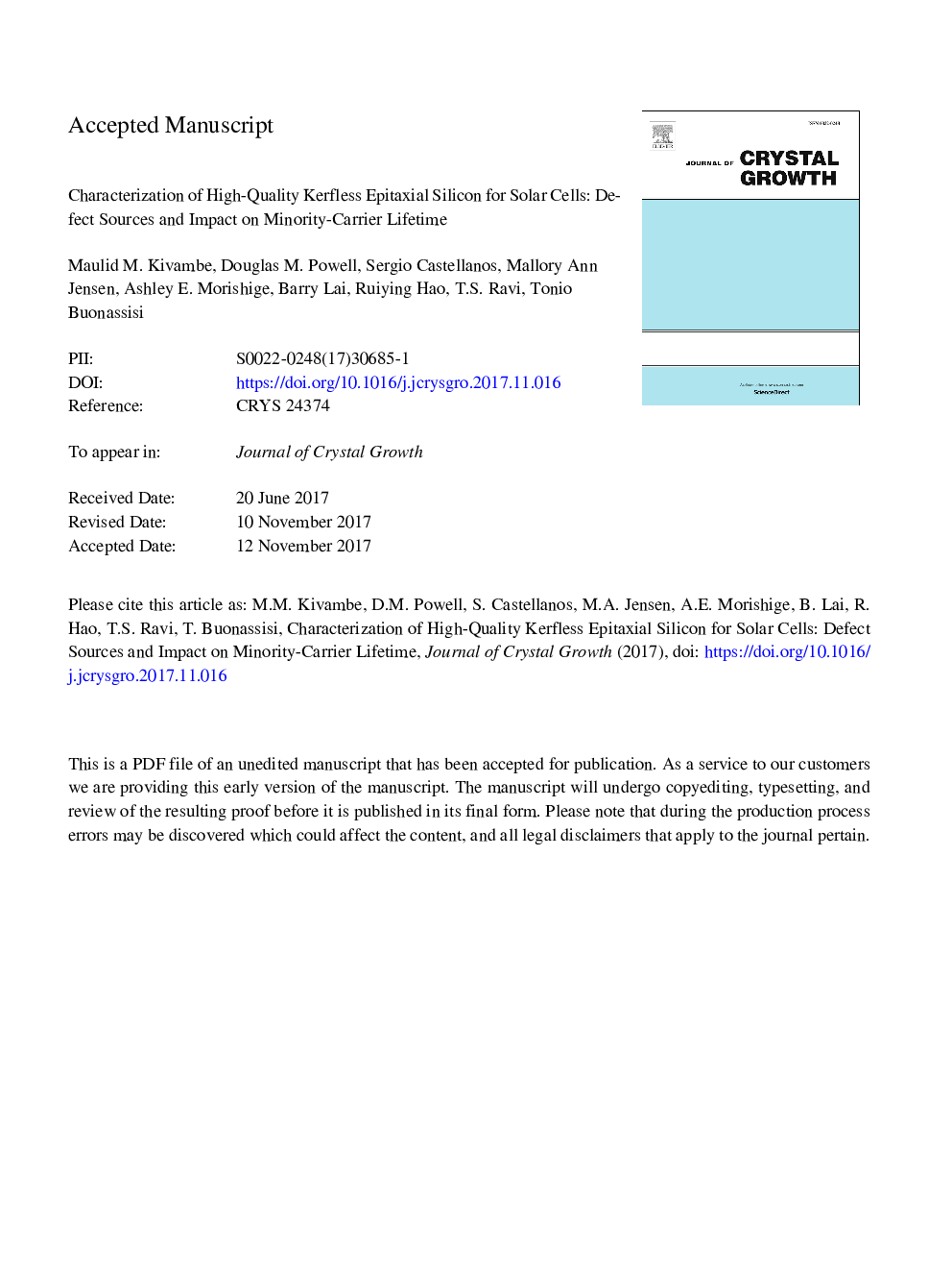 Characterization of high-quality kerfless epitaxial silicon for solar cells: Defect sources and impact on minority-carrier lifetime