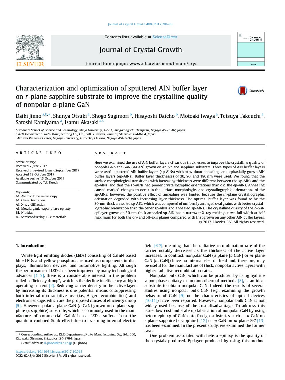 Characterization and optimization of sputtered AlN buffer layer on r-plane sapphire substrate to improve the crystalline quality of nonpolar a-plane GaN