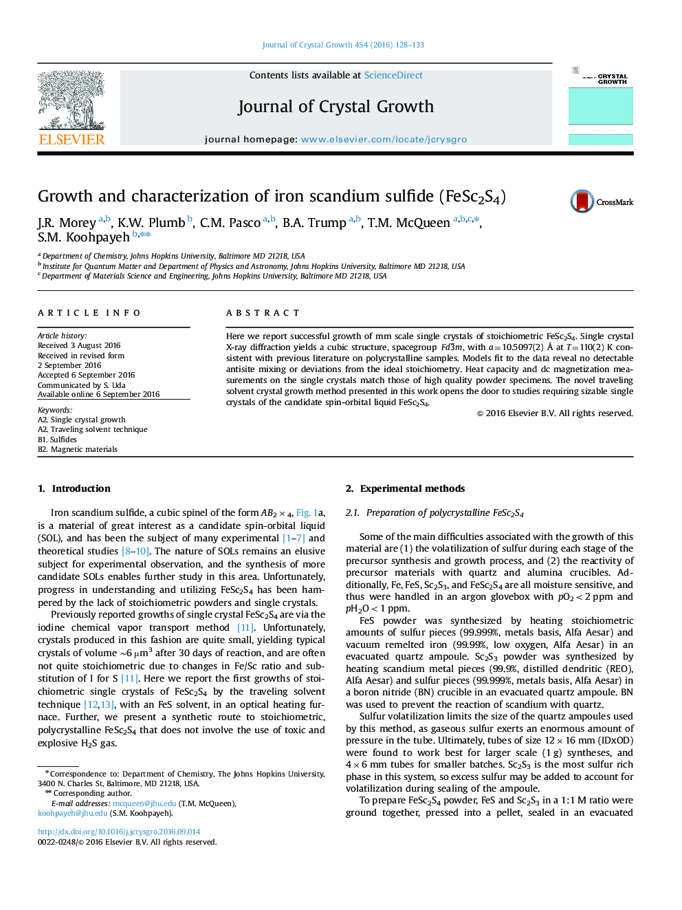 Growth and characterization of iron scandium sulfide (FeSc2S4)