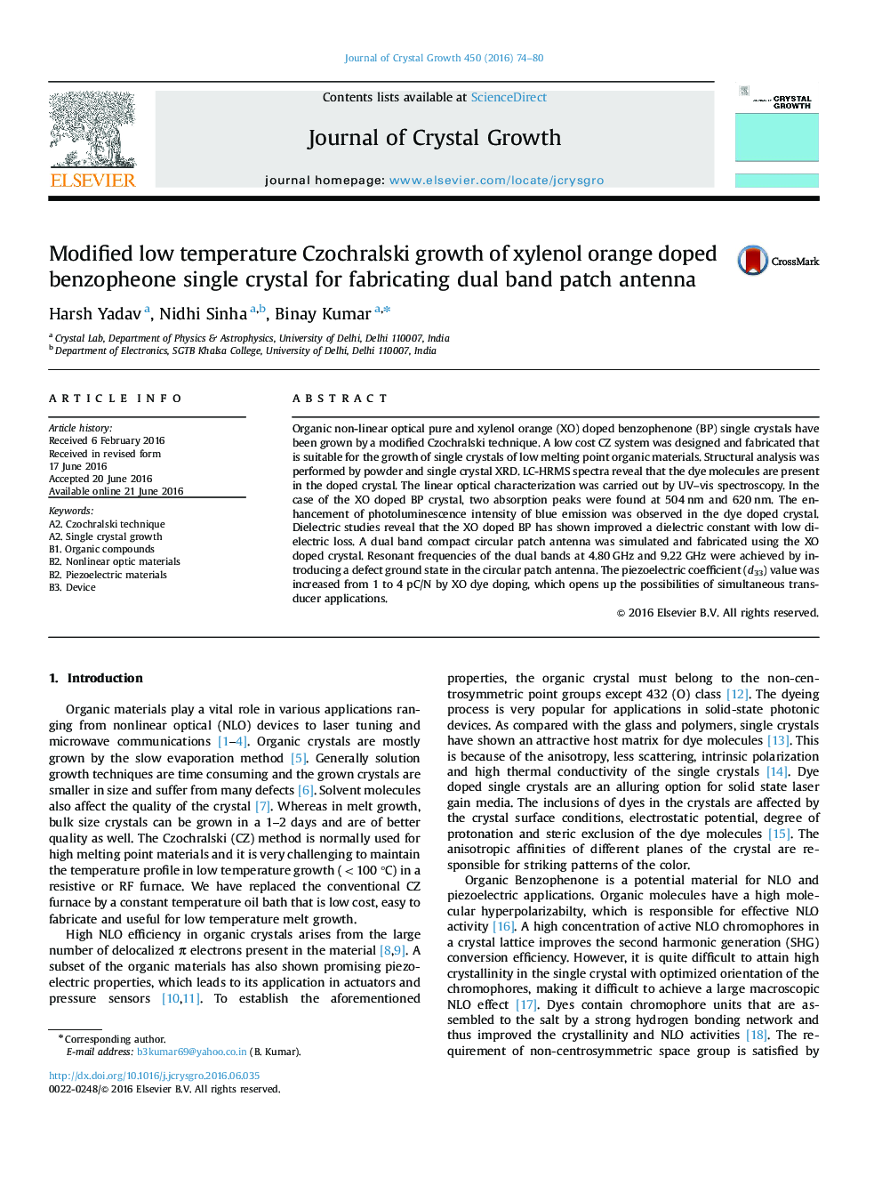 Modified low temperature Czochralski growth of xylenol orange doped benzopheone single crystal for fabricating dual band patch antenna