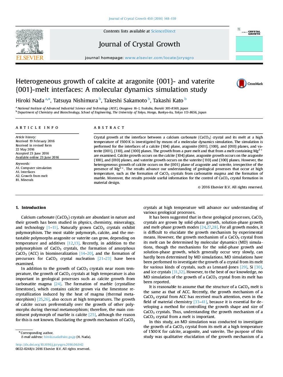 Heterogeneous growth of calcite at aragonite {001}- and vaterite {001}-melt interfaces: A molecular dynamics simulation study