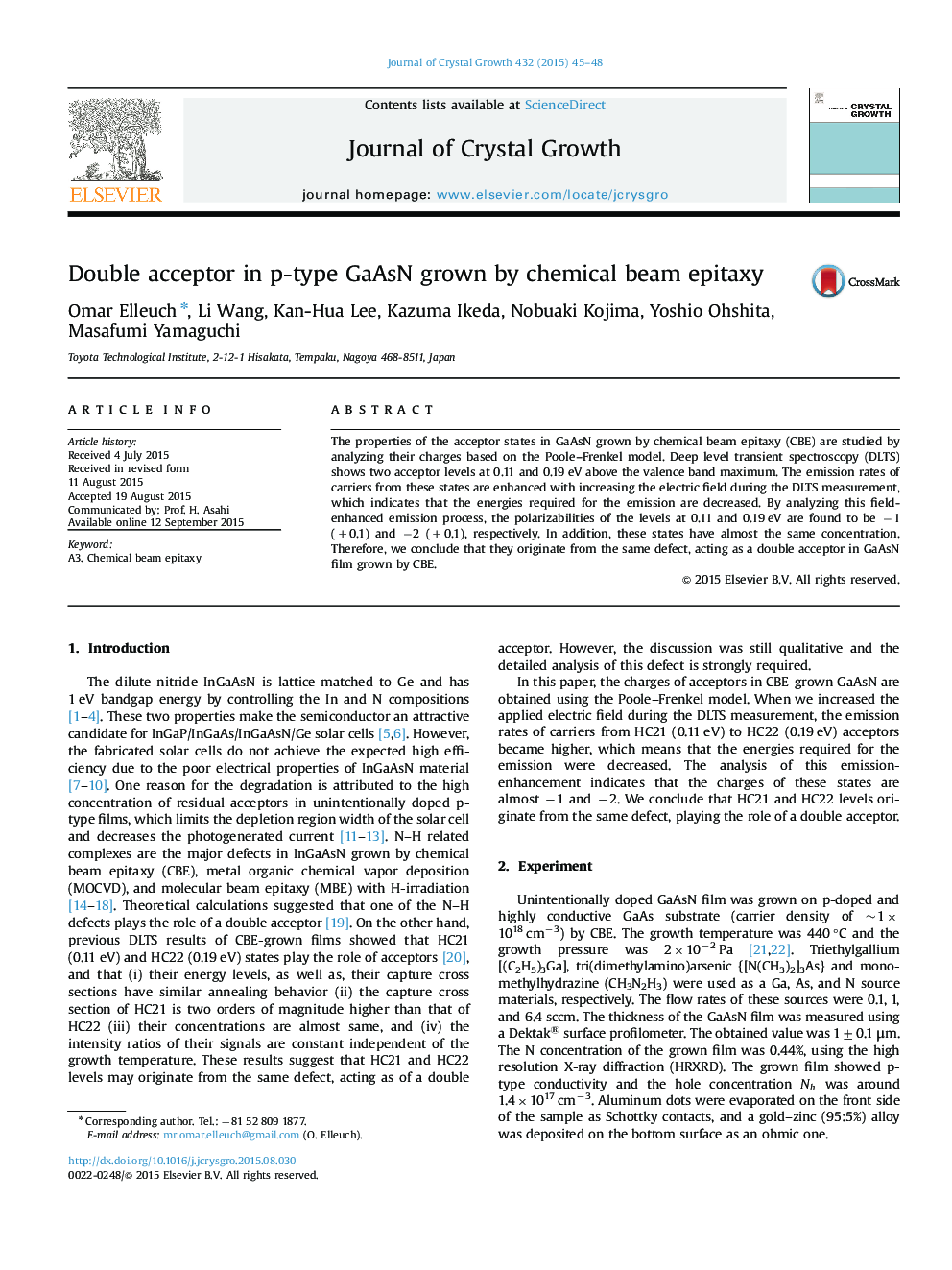 Double acceptor in p-type GaAsN grown by chemical beam epitaxy