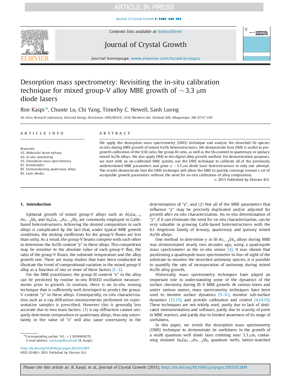 Desorption mass spectrometry: Revisiting the in-situ calibration technique for mixed group-V alloy MBE growth of ~3.3Â Âµm diode lasers