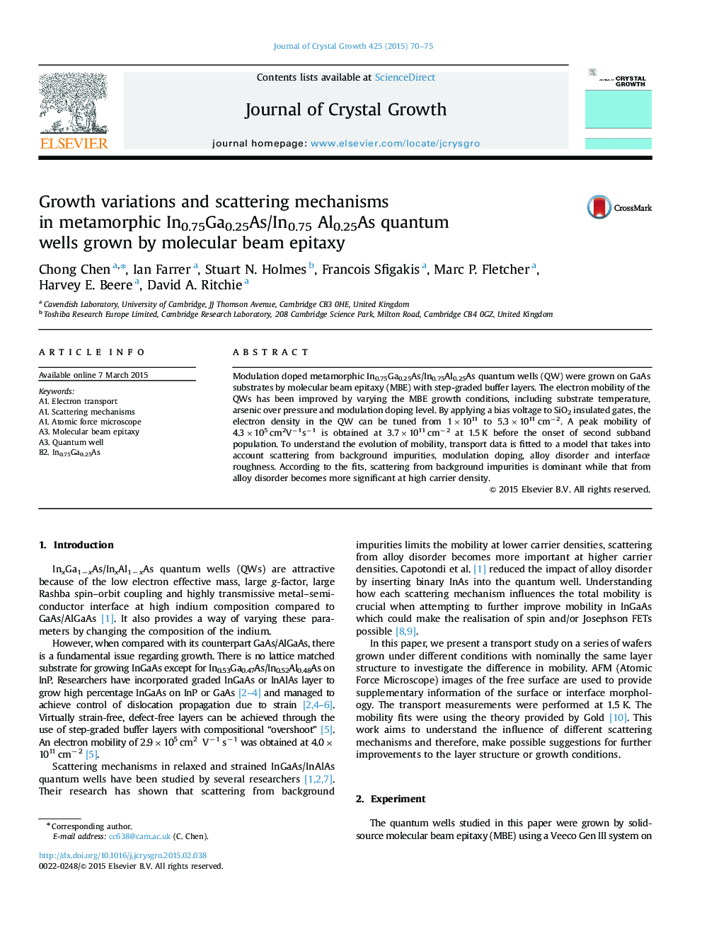 Growth variations and scattering mechanisms in metamorphic In0.75Ga0.25As/In0.75 Al0.25As quantum wells grown by molecular beam epitaxy