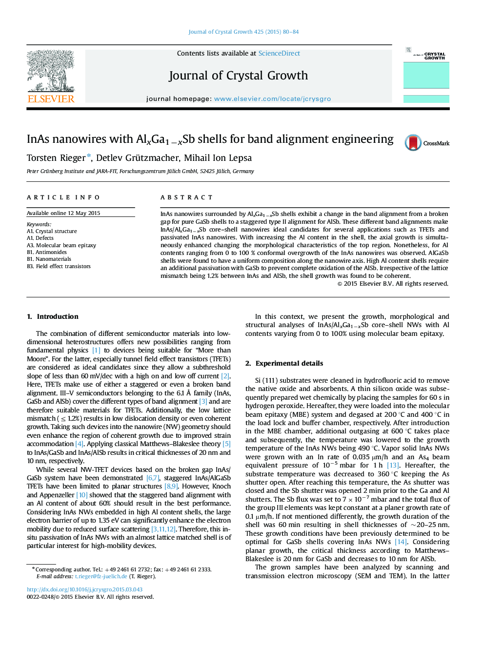 InAs nanowires with AlxGa1âxSb shells for band alignment engineering