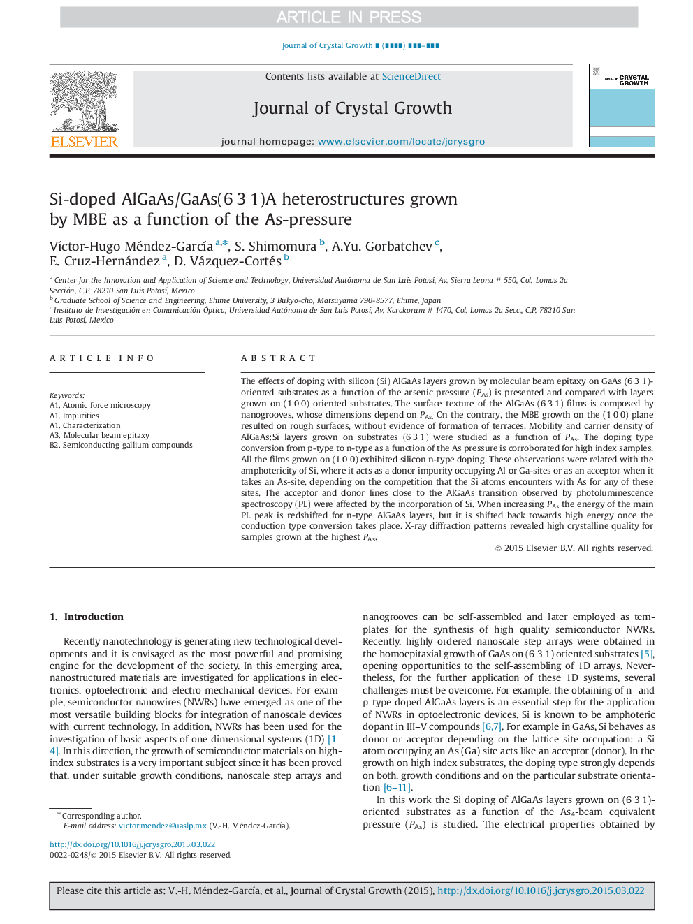 Si-doped AlGaAs/GaAs(6Â 3Â 1)A heterostructures grown by MBE as a function of the As-pressure