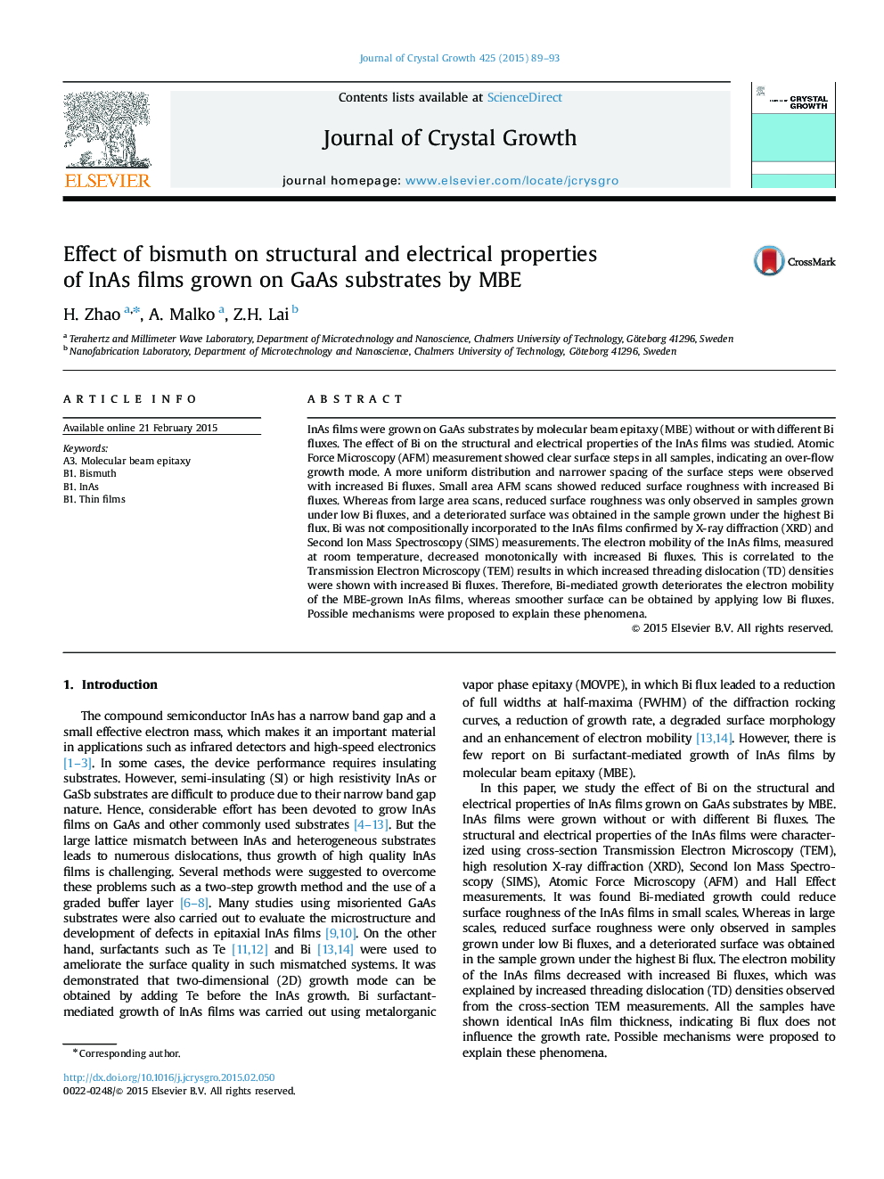 Effect of bismuth on structural and electrical properties of InAs films grown on GaAs substrates by MBE