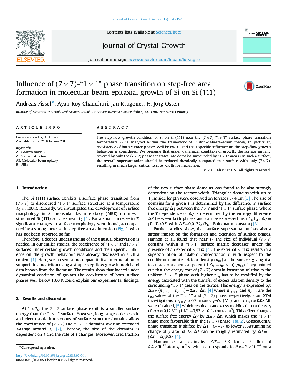 Influence of (7Ã7)-“1Ã1” phase transition on step-free area formation in molecular beam epitaxial growth of Si on Si (111)