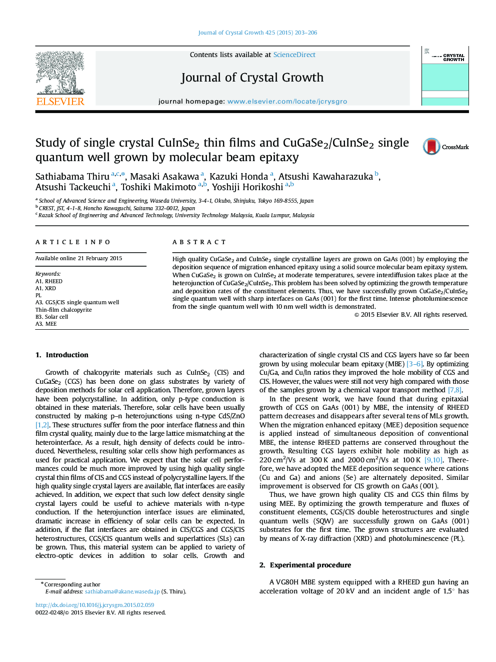 Study of single crystal CuInSe2 thin films and CuGaSe2/CuInSe2 single quantum well grown by molecular beam epitaxy